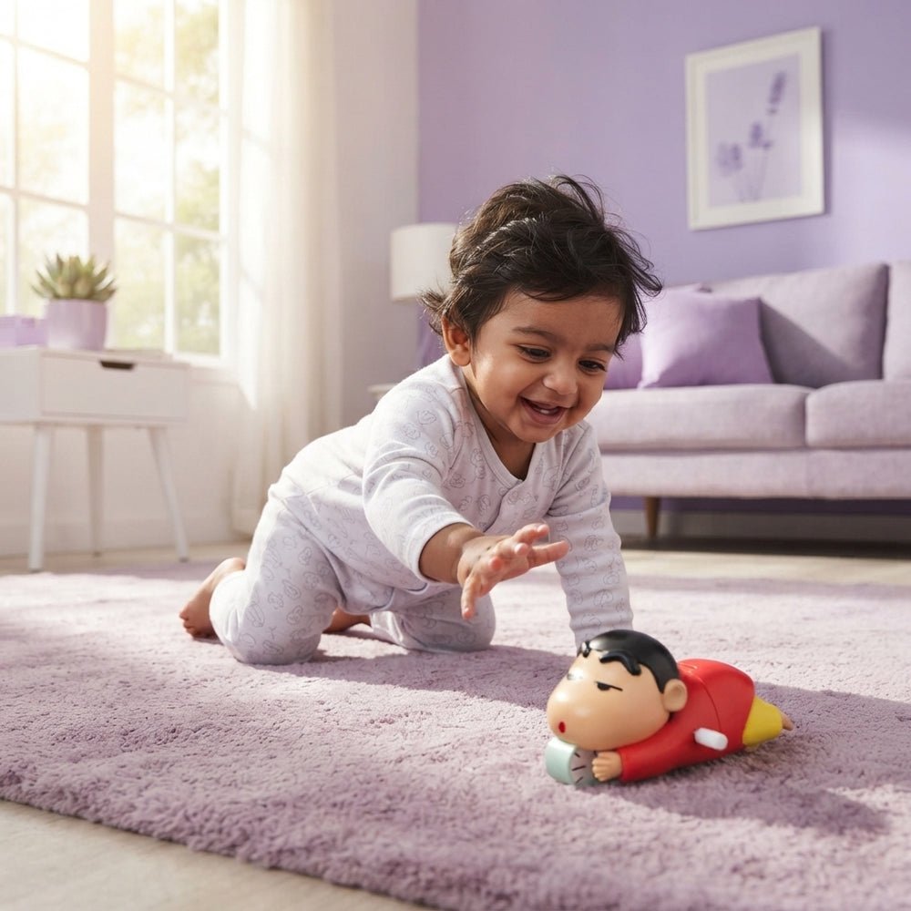 An Indian baby crawling on a rug toward a moving Shinchan toy in a softly lit, lilac-toned living room.