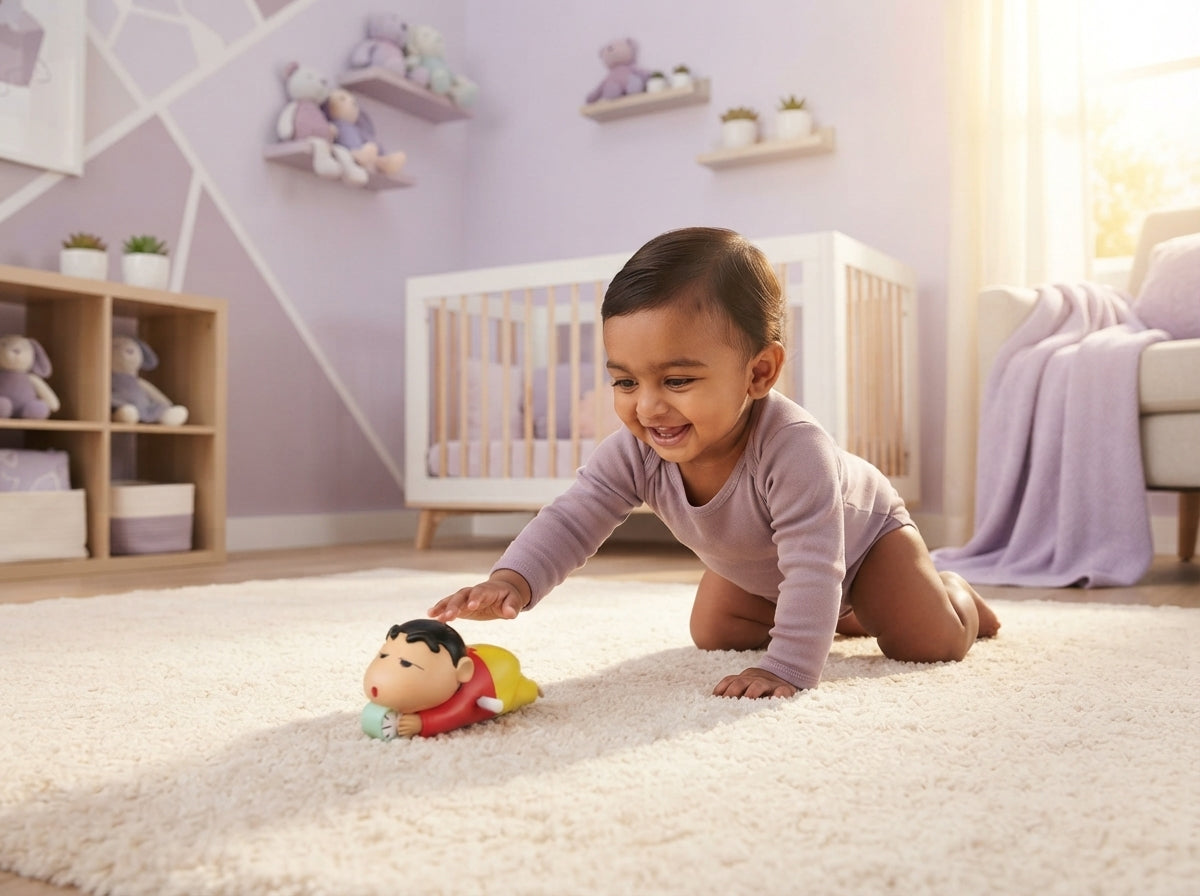 A South Asian baby crawling on a rug towards a Shinchan crawling toy in a modern, lavender-toned nursery.